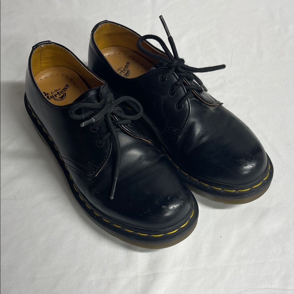Dr. Martens Black Leather Oxfords with Yellow Stitching